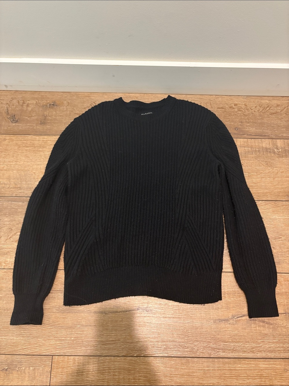 AllSaints Black Ribbed Crewneck Sweater